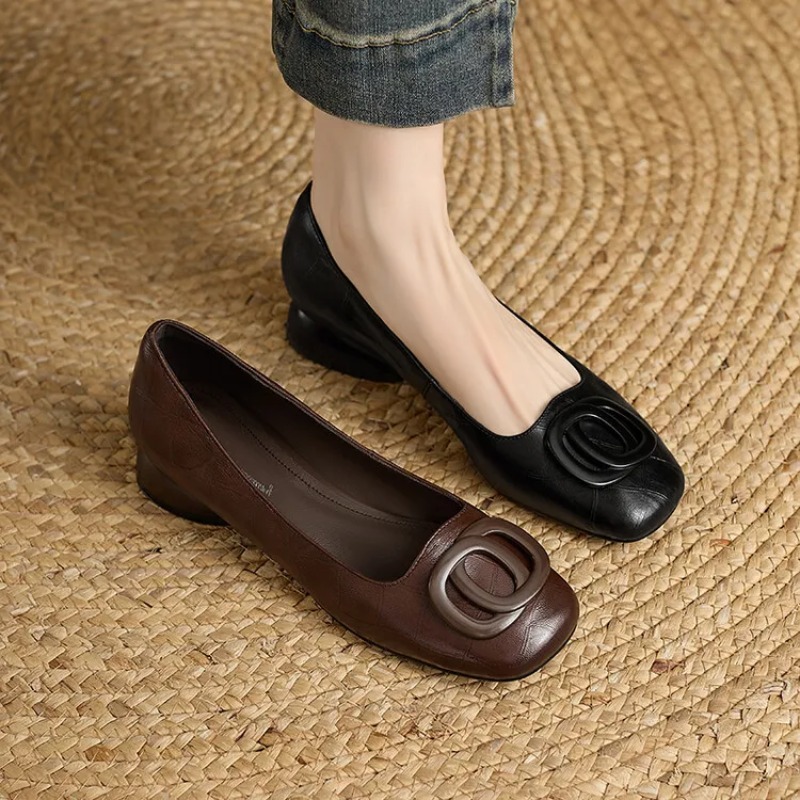 French Style Women Shoes Pumps - Leather Work Heels 评论和价格