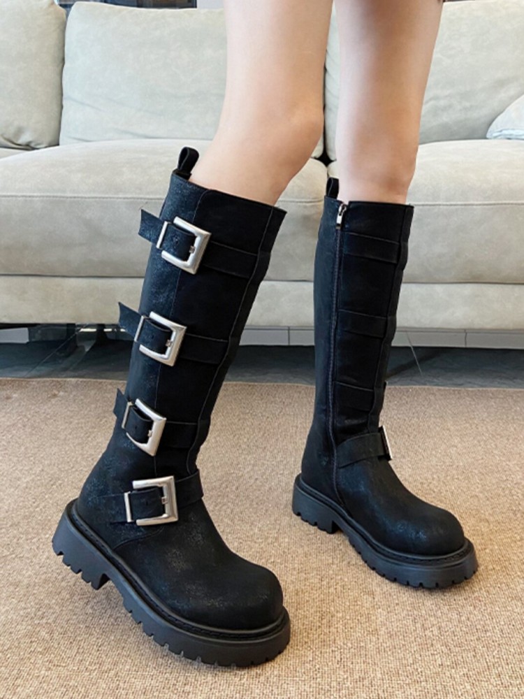Fashion Women Multi Buckle Kne - Leather Work Women Shoes 评论和价格