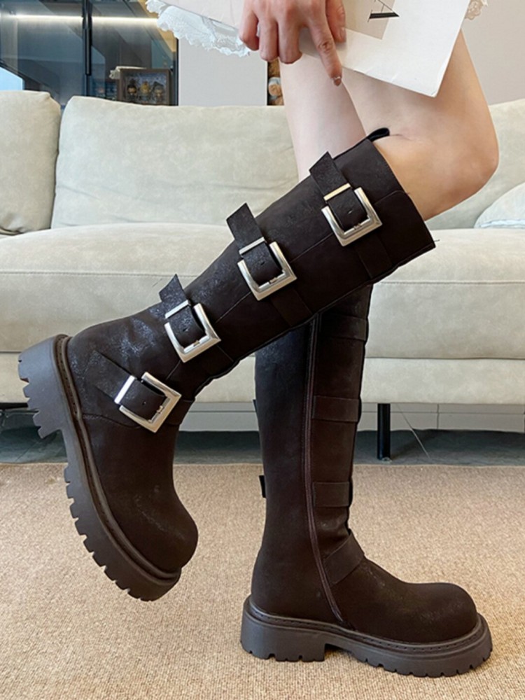 Fashion Women Multi Buckle Kne - Leather Work Women Shoes 评论和价格